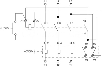 Рис.2. Схема управления катушкой магнитных пускателей ПМК 12 (LE1-D12) напряжением 380В
