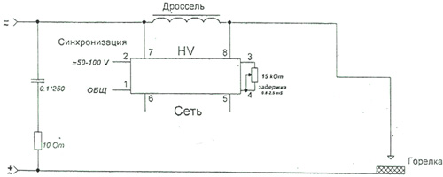Рис.1. Схема для подключения RE 177 осциллятора для аргонодуговой сварки