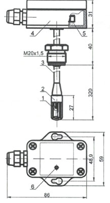 Рис.1. Габаритный чертеж преобразователя DV-UT-08a-SHT-320-Z с выходом 4 - 20 мА