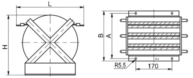 Рис.1 Схема габаритных и присоединительных размеров реактора РТТ-0,38-80-0,14