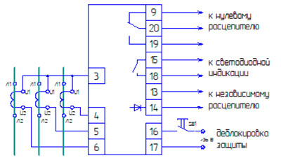 Рис.2. Схема подключения блока ПМЗ к автоматическому выключателю