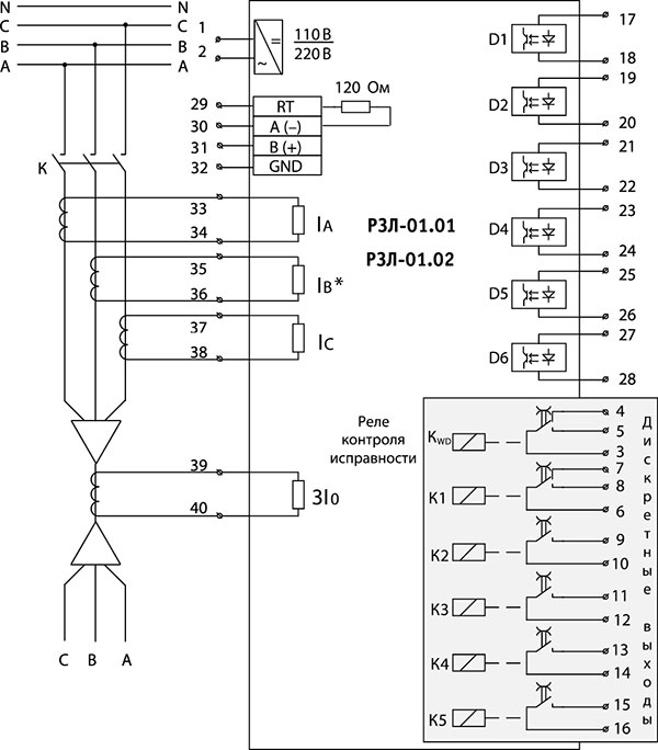 Рис.1. Схема подключения внешних цепей к устройствам РЗЛ-01.01, РЗЛ-01.02