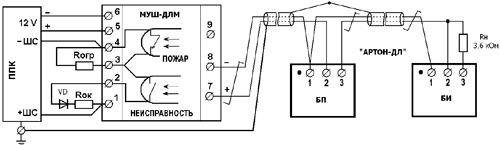 Рис.1. Схема подключения извещателя «АРТОН-ДЛ» к ППК со знакопеременным ШС посредством модуля МУШ-ДЛМ