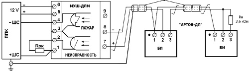 Рис.2. Схема подключения извещателя «АРТОН-ДЛ» к охрано-пожарнным ППК посредством Модуля МУШ-ДЛМ