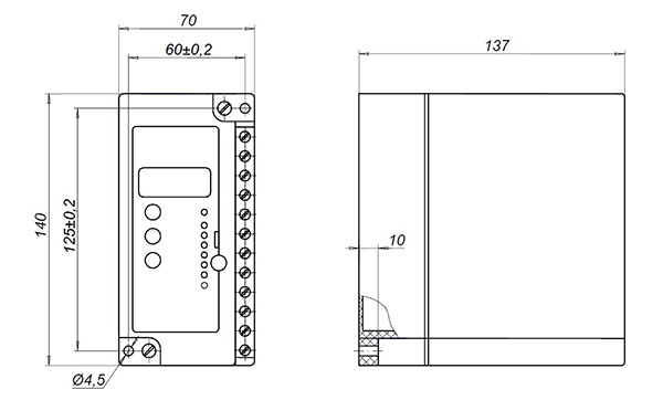 "Схема габаритных размеров реле для защиты электродвигателей РДЦ-01-055"