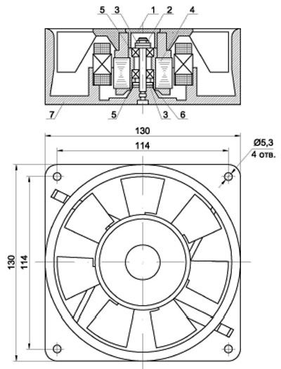 Рис.1. Конструкция и габаритные размеры вентилятора ВН-3