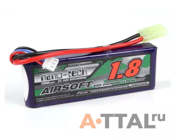 Аккумулятор Turnigy 7.4V 1800mah 2S 25-50C Lipo AIRSOFT Pack для страйкбола фото 1