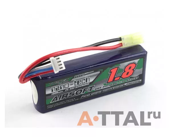 Аккумулятор 11.1V 1800mAh 3S 20-40C Turnigy nano-tech Lipo AIRSOFT Pack фото 1