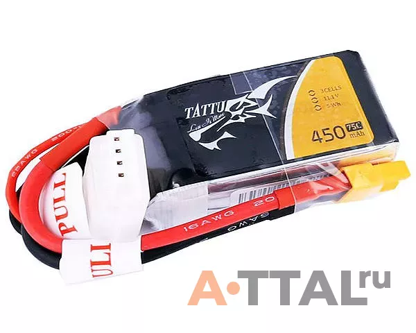 Аккумулятор Tattu LiPO 7,4 B 450 мАч 2S 75C (TA-75C-450-2S1P-XT30) фото 1