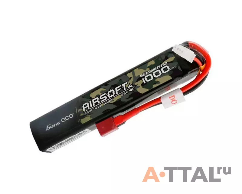 Аккумулятор для страйкбола Gens Ace LiPO 7,4В 1000мАг 2S 25C 102х20х13мм 50г T-Plug Airsoft (GEA10002S25D) фото 1