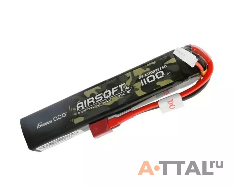 Аккумулятор для страйкбола Gens Ace LiPO 11,1В 1100мАг 3S 25C 103х21х19мм 77г T-Plug Airsoft (GEA11003S25D) фото 1