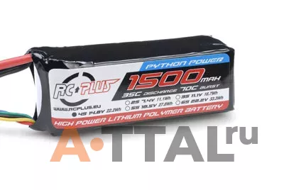 Аккумулятор RC Plus PYTHON Li-Po 14.8V 1500 mAh 4S1P 35C T-plug  Soft Case фото 1