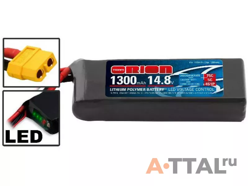 Аккумулятор Team Orion 14,8В(4S) 1300mah XT60 plug Li-Po 75C SoftCase Racing Drone Battery фото 1
